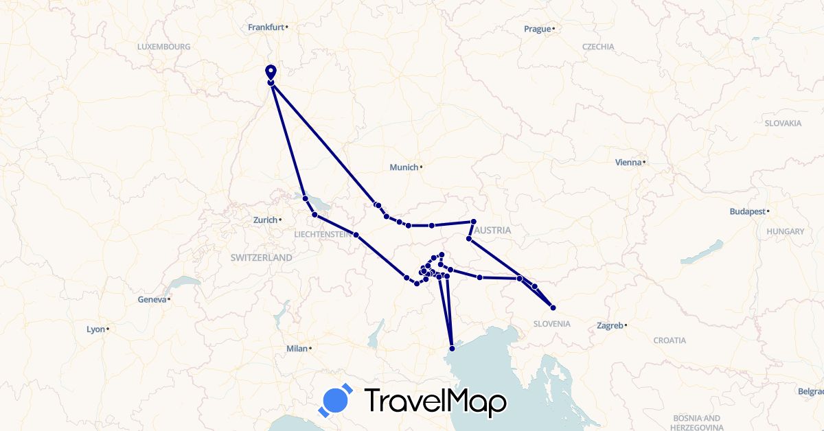 TravelMap itinerary: driving in Austria, Switzerland, Germany, Italy, Slovenia (Europe)